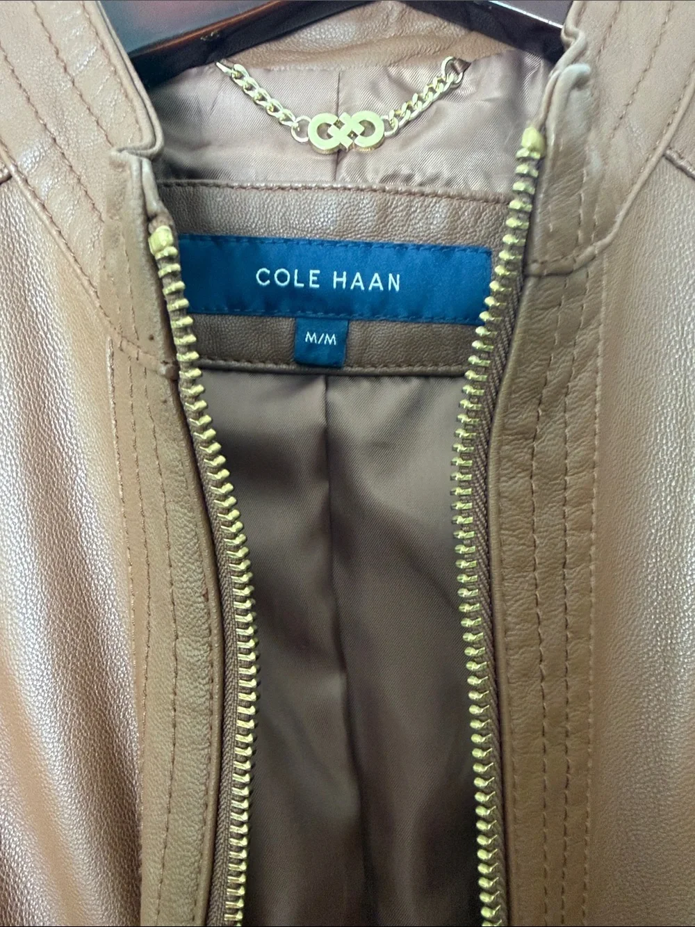 Cole Haan Japan Brown Genuine Leather Moto Jacket Gold Hardware Size M NWOT - Picture 7 of 16